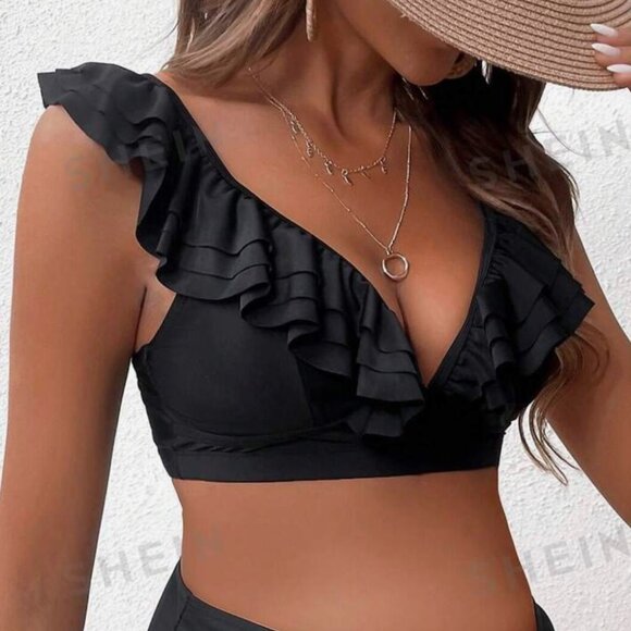 NEW SHEIN Swimsuit Top With Ruffle Trim Black Bikini TOP only XL (12) - Picture 1 of 7